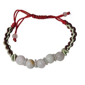 Boho Handmade Braided White Beaded Bracelet Red Green Cord Adjustable Friendship